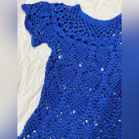 Crocheted Handmade Cotton Thread Pullover Top for Woman - Blue, Large Size - Picture 6 of 8